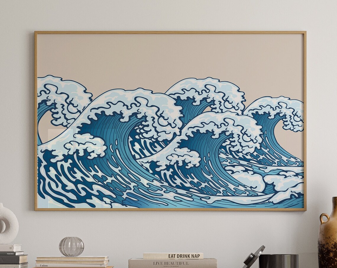 Japanese Great Wave Style Blue Crashing Surf Beige Boho Ocean Poster