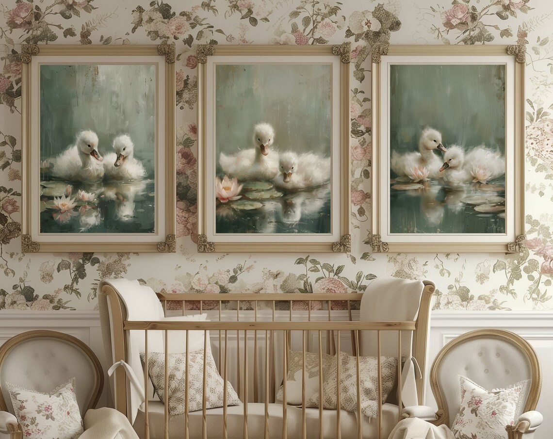 Set of Three Baby Swan Cygnet Paintings for a Nursery Poster