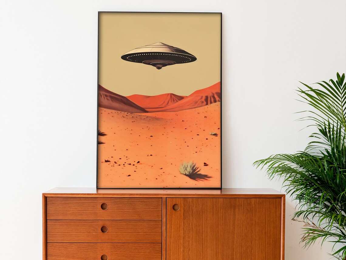 Retro UFO Poster, 1950s Aesthetic Desert Scene