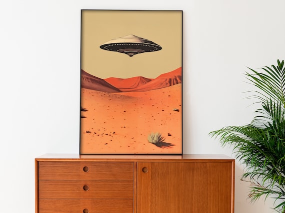 Retro UFO Poster, 1950s Aesthetic Desert Scene