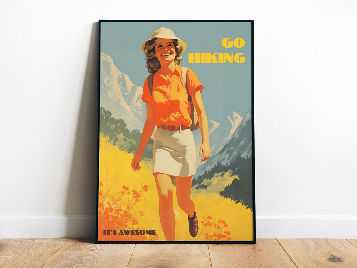 Go Hiking Poster Vintage Hiking Art Sporty Wall Art Vintage Camp Art Retro Travel Poster Mountain Poster Print Cabin Decor