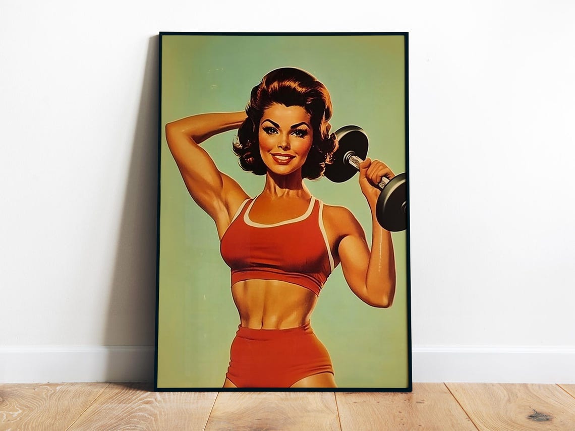 Retro Female Gym Poster Wall Art Gym Motivation Poster Powerlifting Art Home Gym Wall Prints Fitness Girl Art Exercise Wall Art