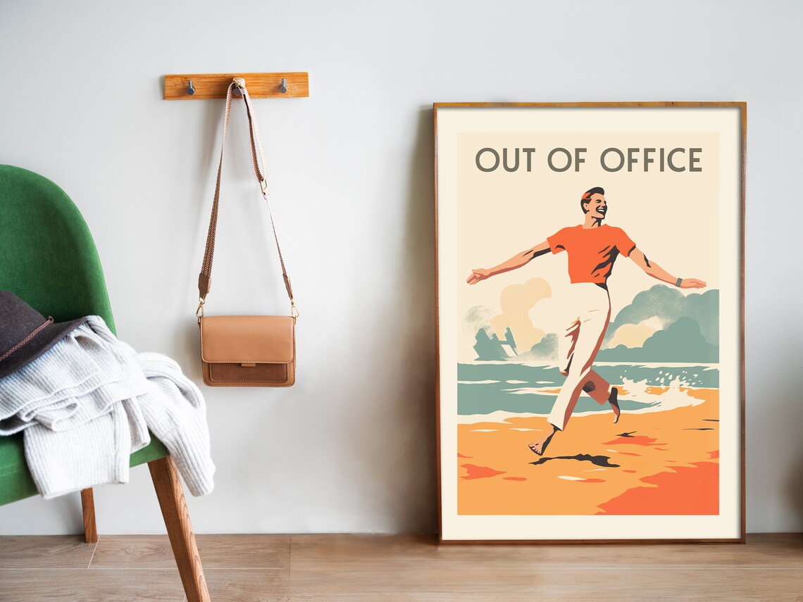 Out Of Office Funny Man Running On Beach Retro Travel Poster - Image 5
