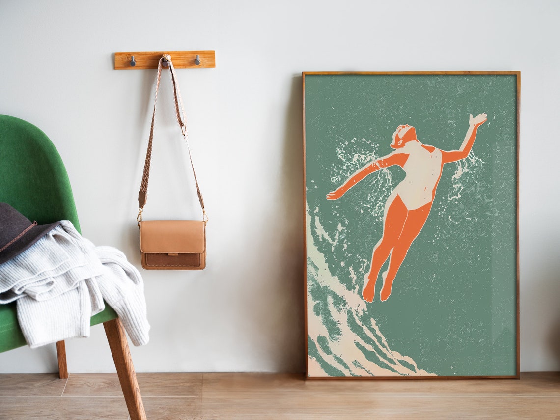 Retro Swimmer Diver Silhouette Teal Swimming Pool Art Poster - Image 5