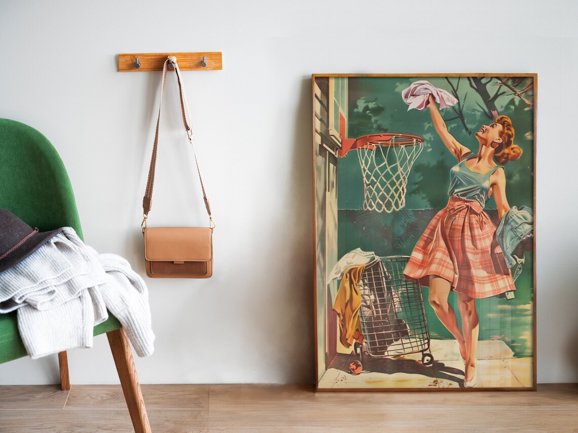 Laundry Room Funny Poster, Retro Housewife Basketball - Image 5