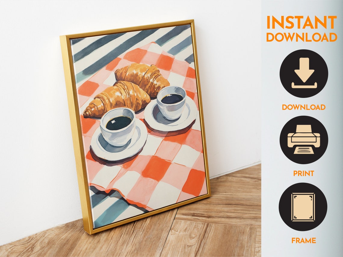 Retro Croissant and Coffee Breakfast Checkered Cloth Kitchen Poster - Image 6