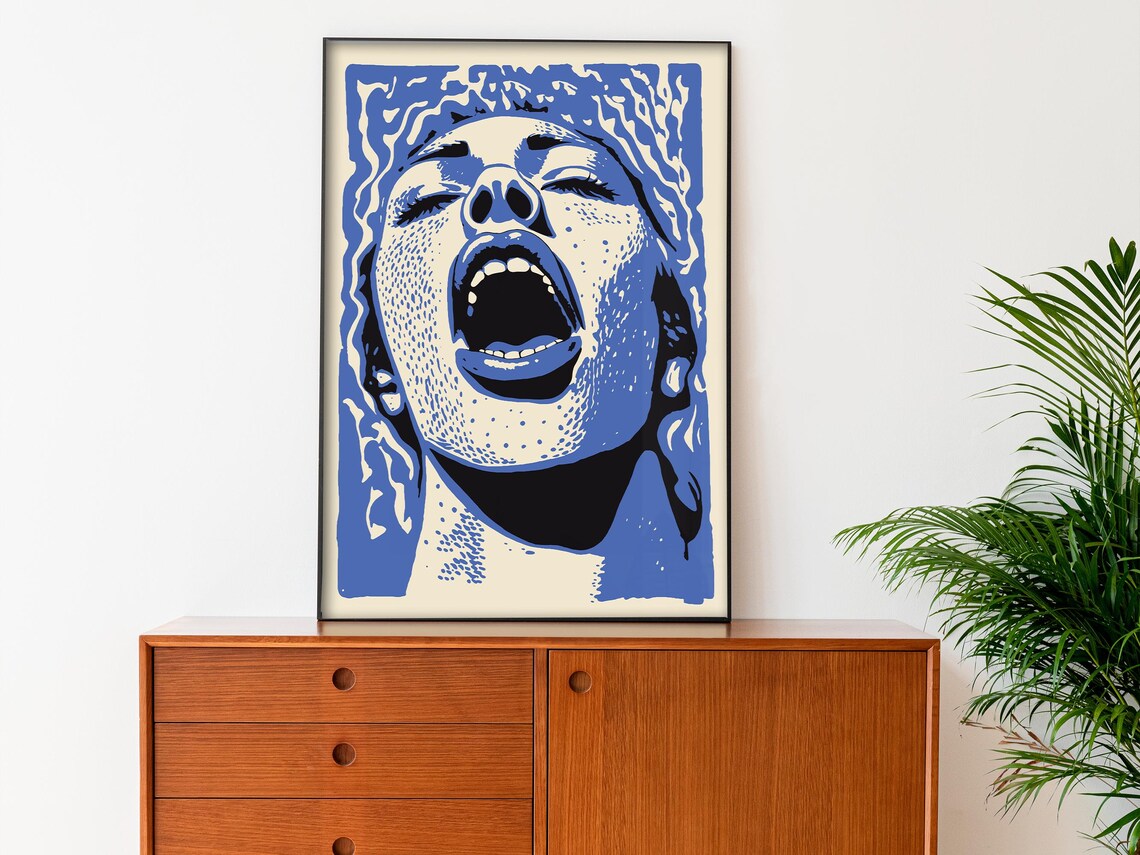 Dreamy Blue Swimmer Abstract Line Art Woman Underwater Poster - Image 3