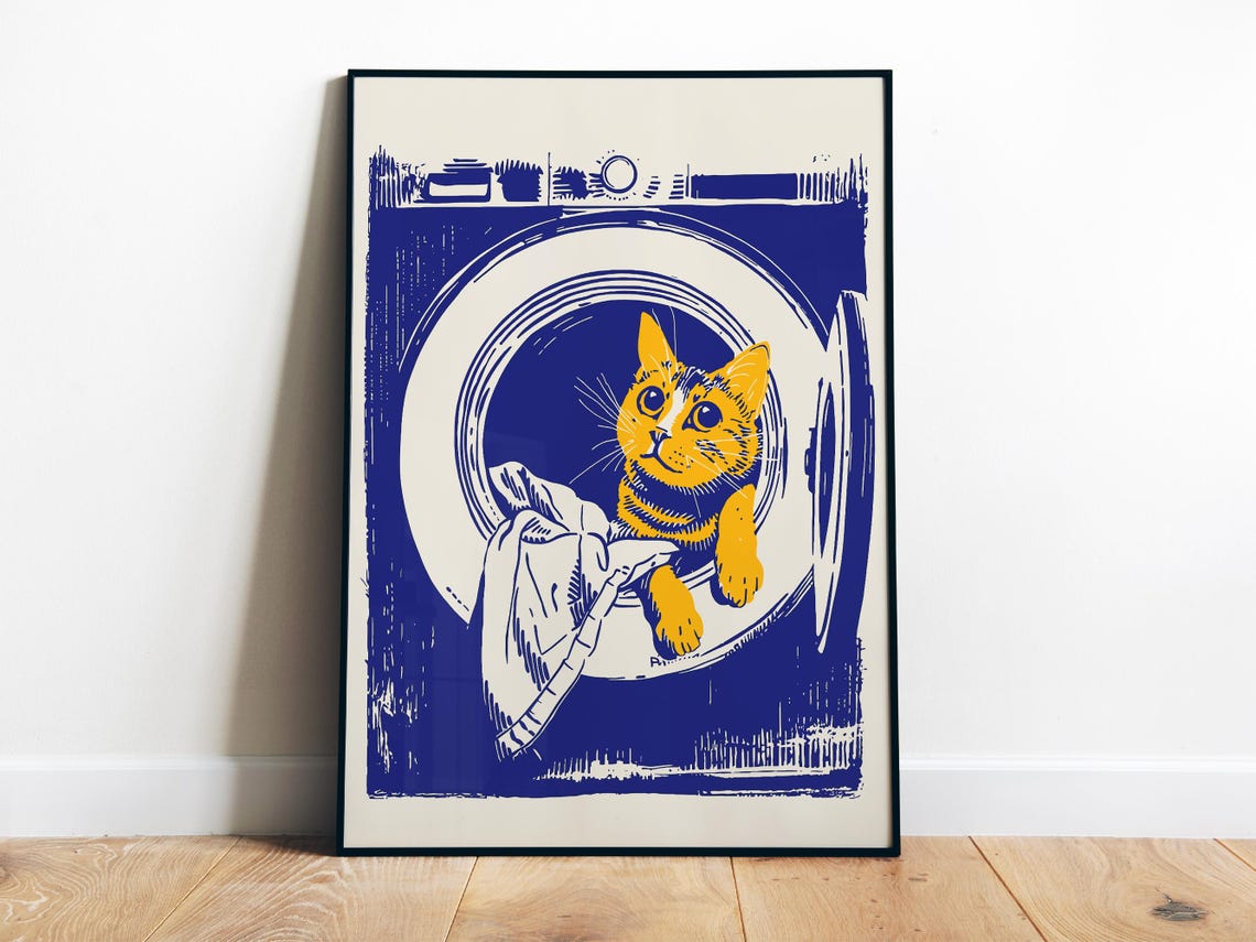 Cat In Washing Machine Funny Blue Laundry Day Pet Lovers Poster
