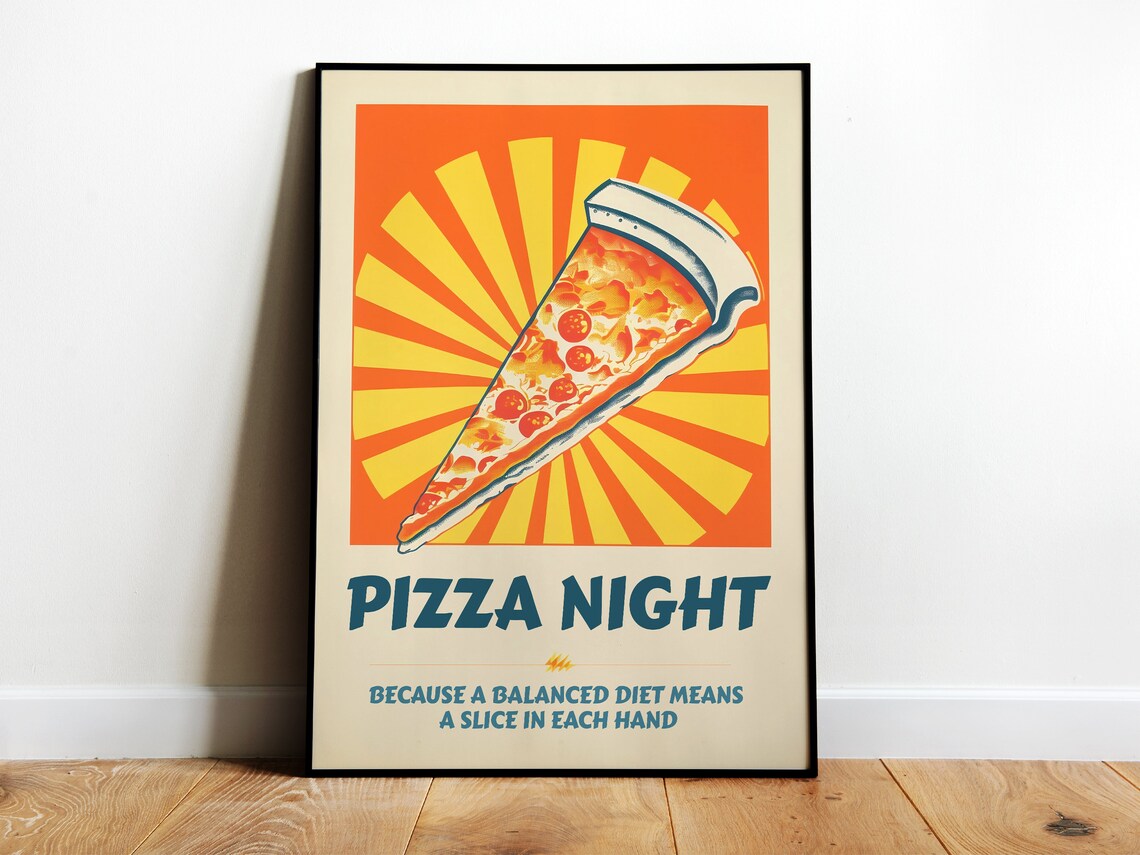 Retro Pizza Night Art Print, 70s Style Kitchen Decor