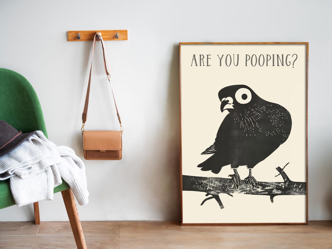 Are You Pooping Black Linocut Pigeon Branch Funny Bathroom Poster - Image 5