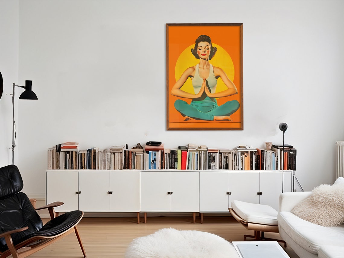 Meditating Girl 70s Print Yoga Girl Art Print Orange Yoga Room Gift For Yoga Lover Meditation Print Mindfulness Wall Art - Image 2