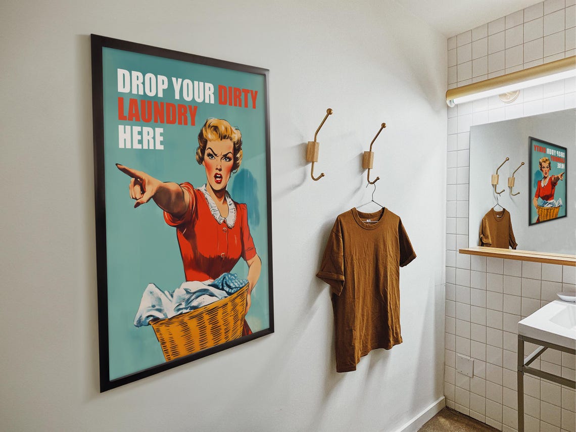 Drop Your Dirty Laundry Here Retro Pointing Woman Funny Laundry Poster - Image 4