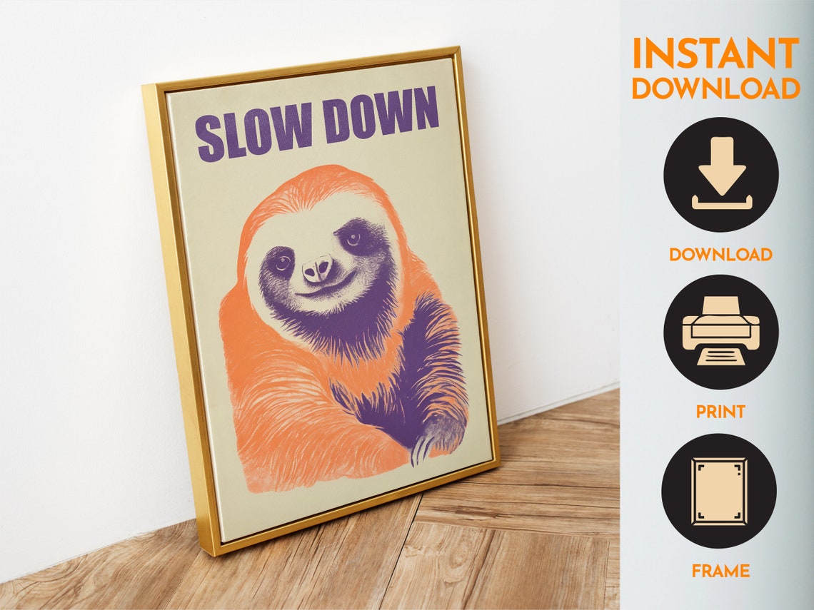 Slow Down Smiling Sloth Orange Purple Retro Relax Wall Poster - Image 6
