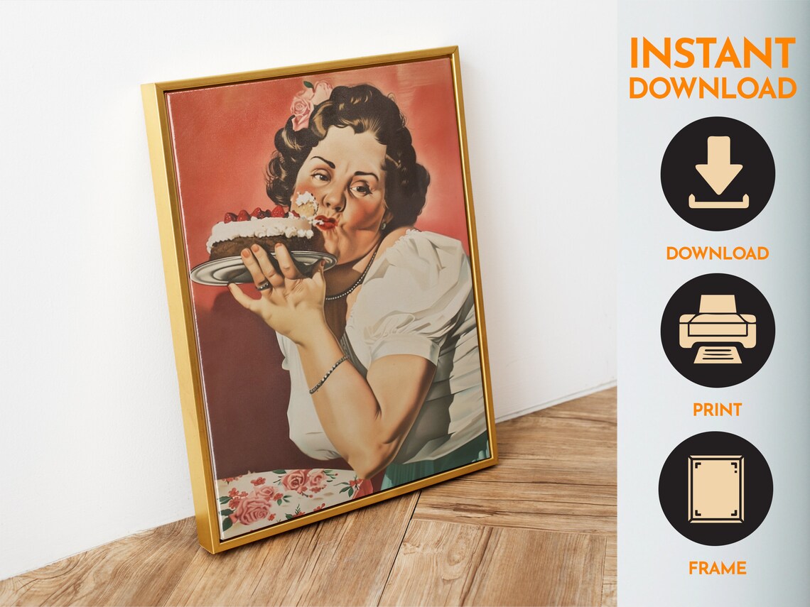 Vintage Pin Up Woman Eating Berry Cake Retro Kitchen Funny Poster - Image 4