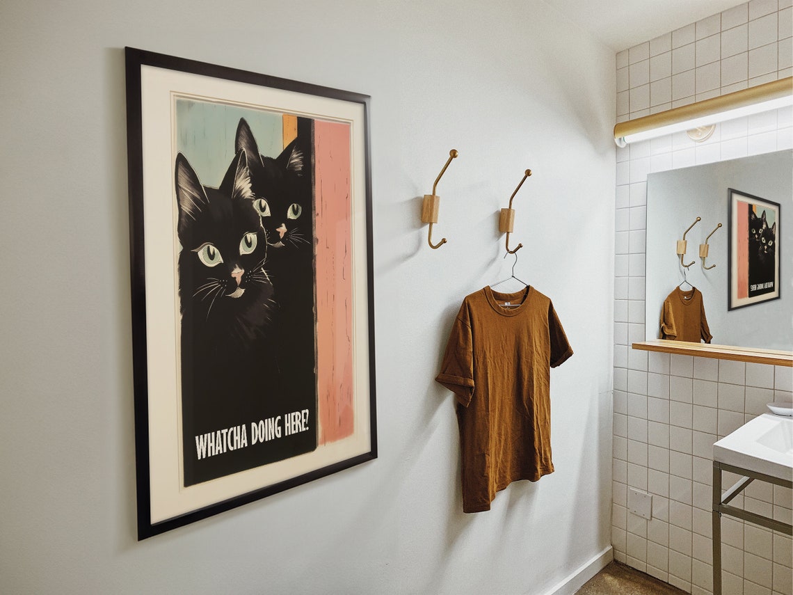 Whatcha Doing Here Two Black Cats Peeking Retro Funny Poster - Image 4