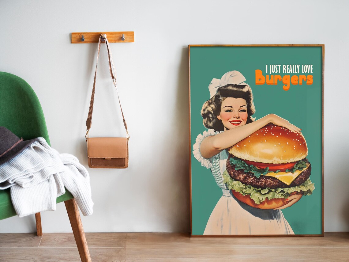 I Just Really Love Burgers Funny 50s Housewife Burger Poster - Image 5