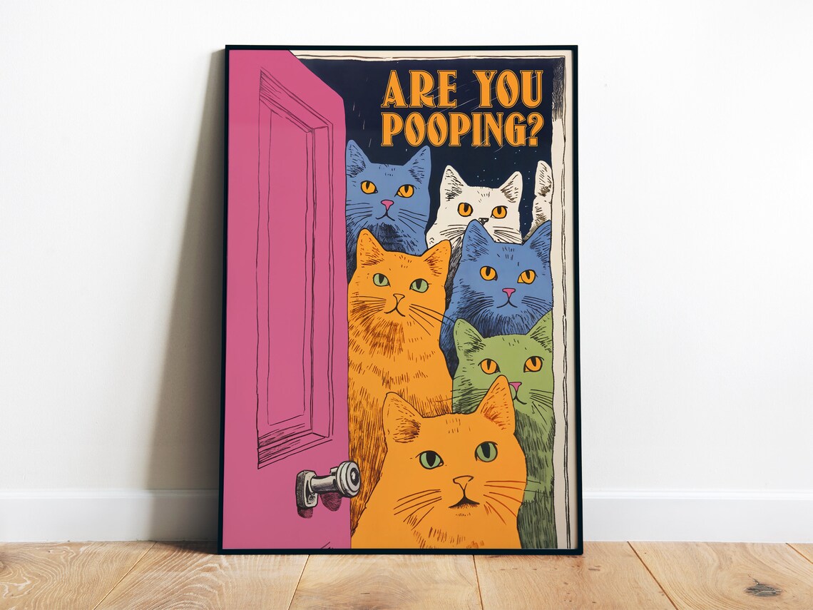 Bathroom Cat Print, Funny Maximalist Toilet Art