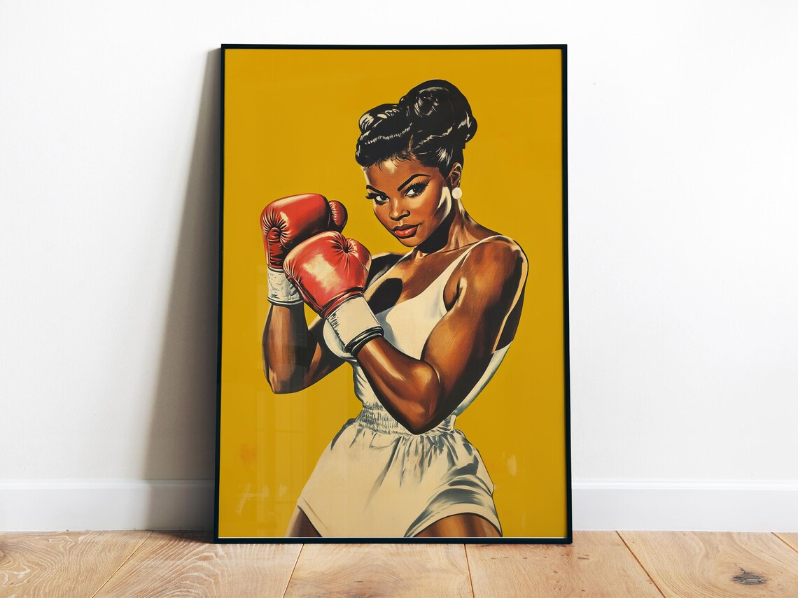 Female Boxer Print Boxing Wall Art Yellow Gym Art Prints Black Woman Retro Home Gym Wall Decor Working Out Art Print Sports Art