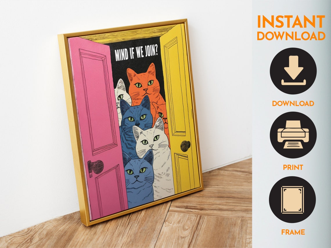 Mind If We Join Funny Cats Peeking Door Retro Pop Art Kitchen Poster - Image 4