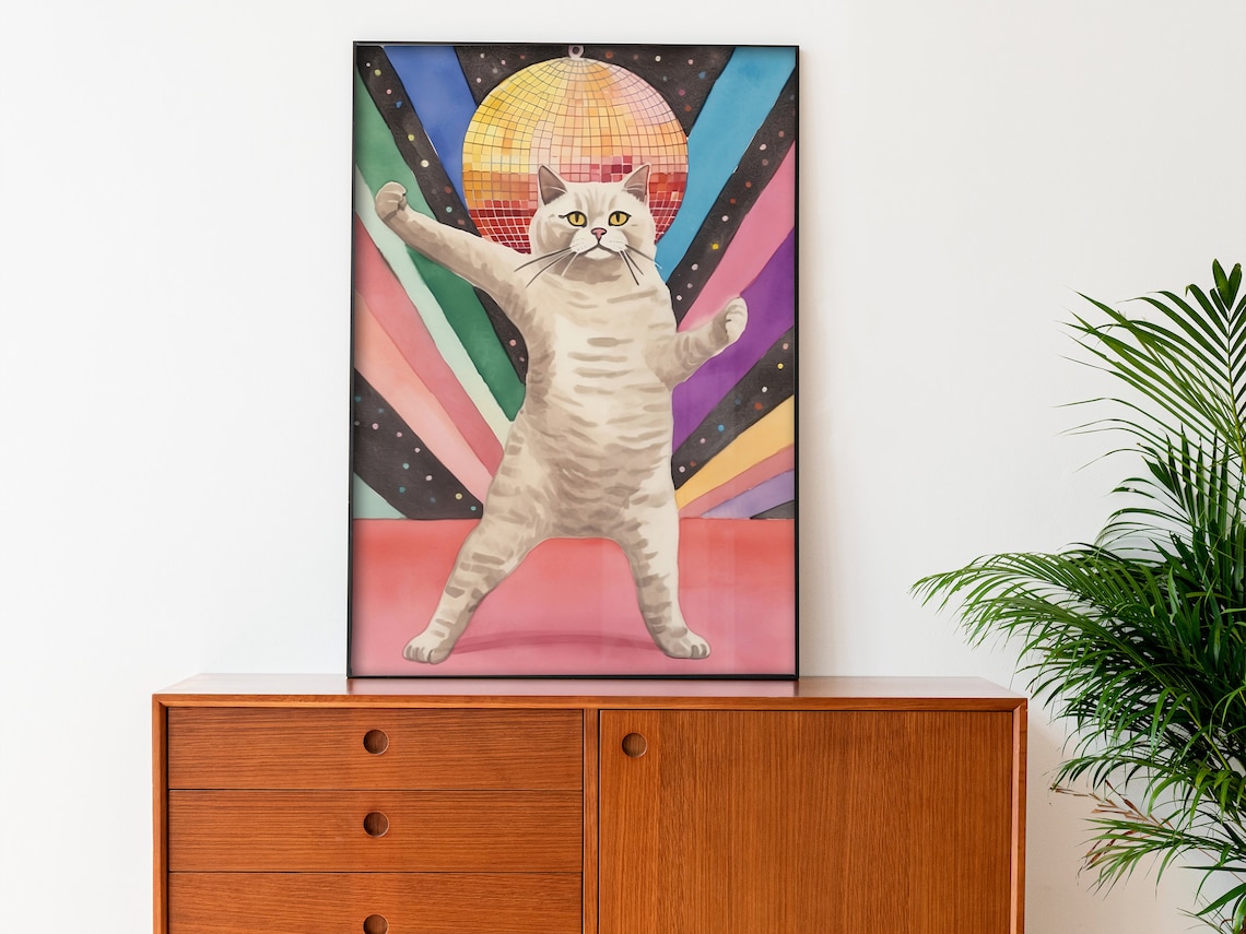 Disco Cat Funny Poster, Trendy Cat Watercolor - Image 4