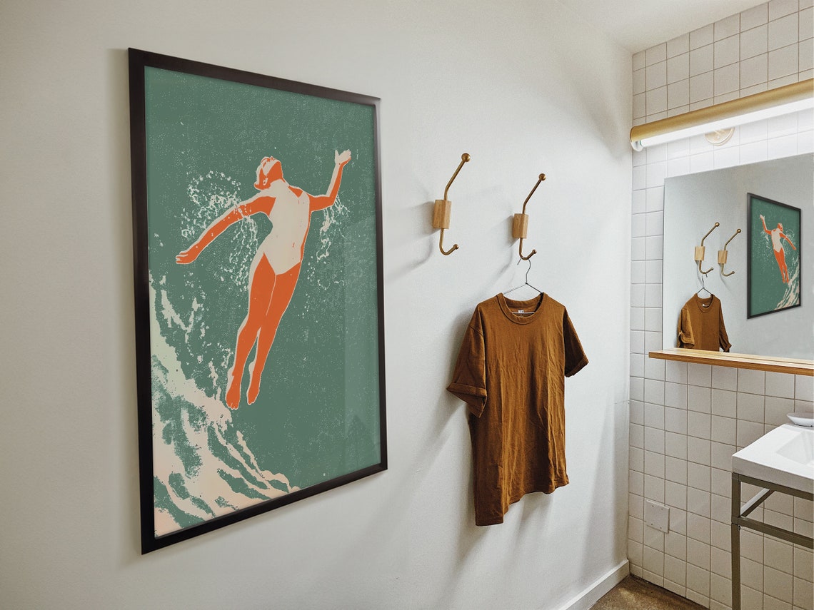 Retro Swimmer Diver Silhouette Teal Swimming Pool Art Poster - Image 4