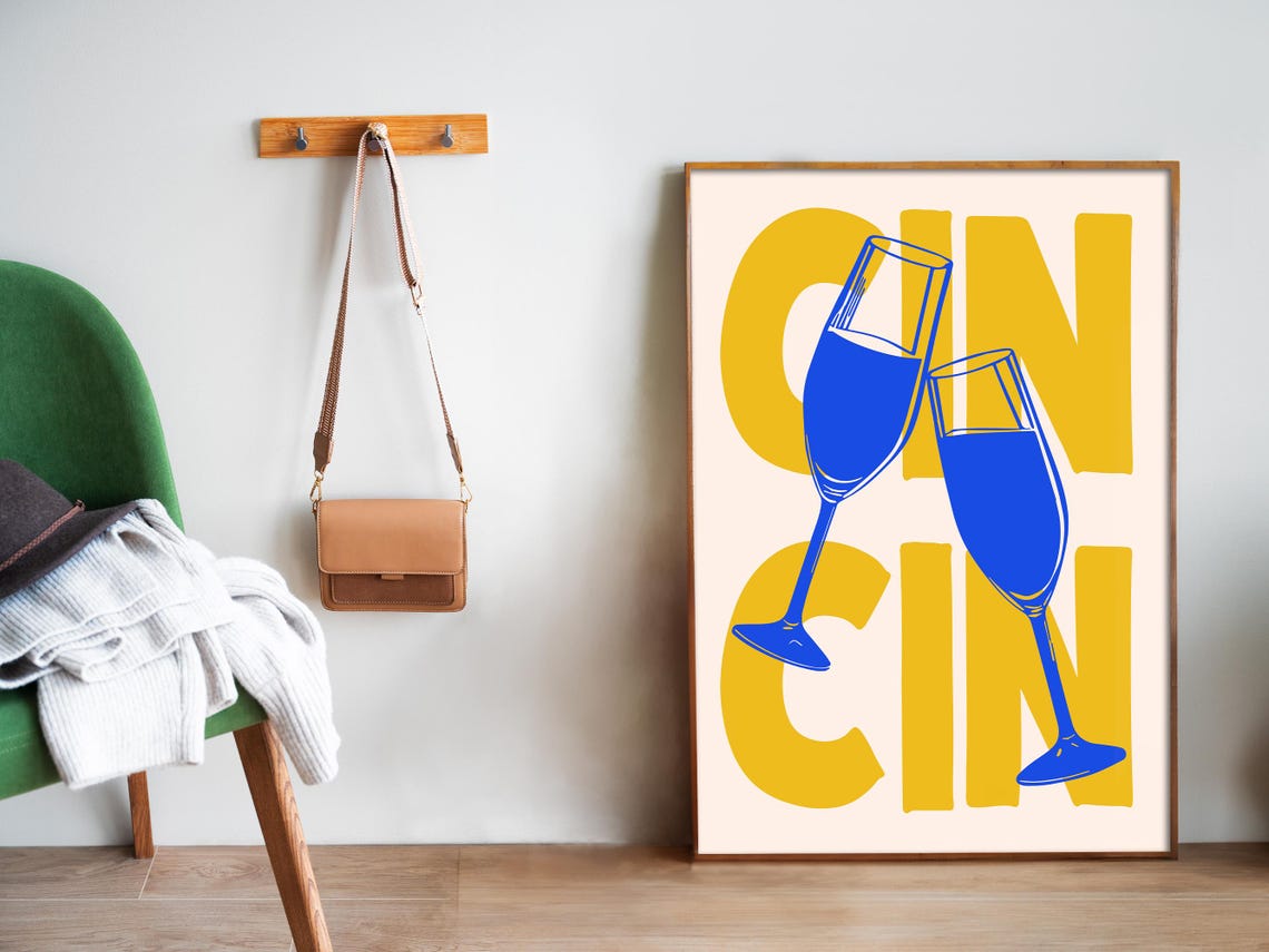 Cin Cin Cheers Clinking Wine Glasses Bold Blue Yellow Party Poster - Image 5