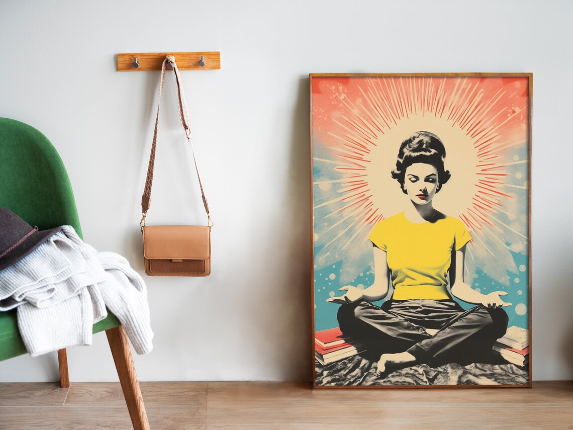 Meditating Girl Retro Yoga Studio Wall Art Print - Image 5