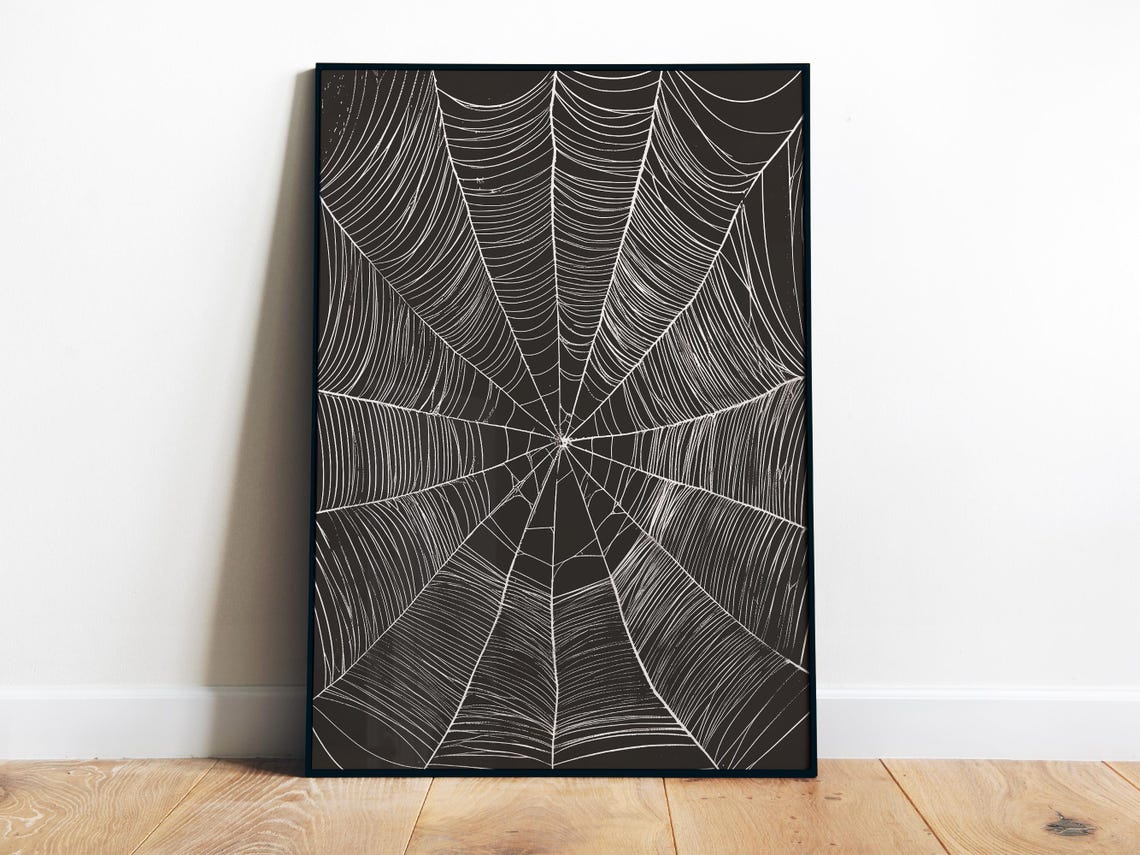 White Spider Web on Black Minimalist Spooky Halloween Art Poster