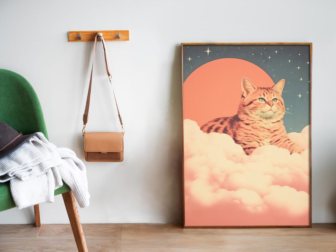 Tabby Cat In Pink Clouds Under Big Moon Dreamy Night Art Poster - Image 5