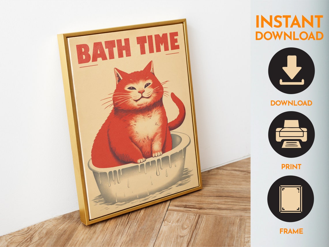Bath Time Funny Retro Fat Orange Cat In Bathtub Bathroom Poster - Image 4