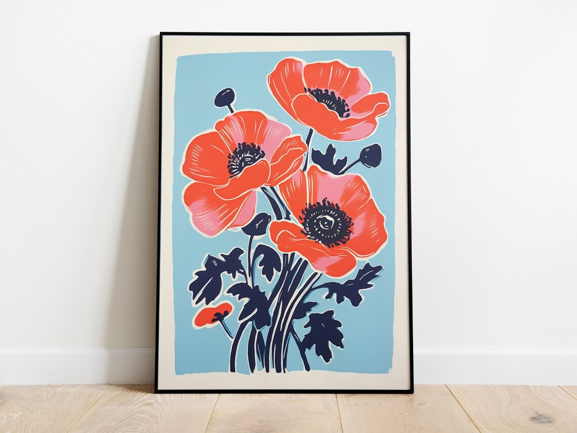 Poppies Botanical Art, Retro Countryside Poster Print