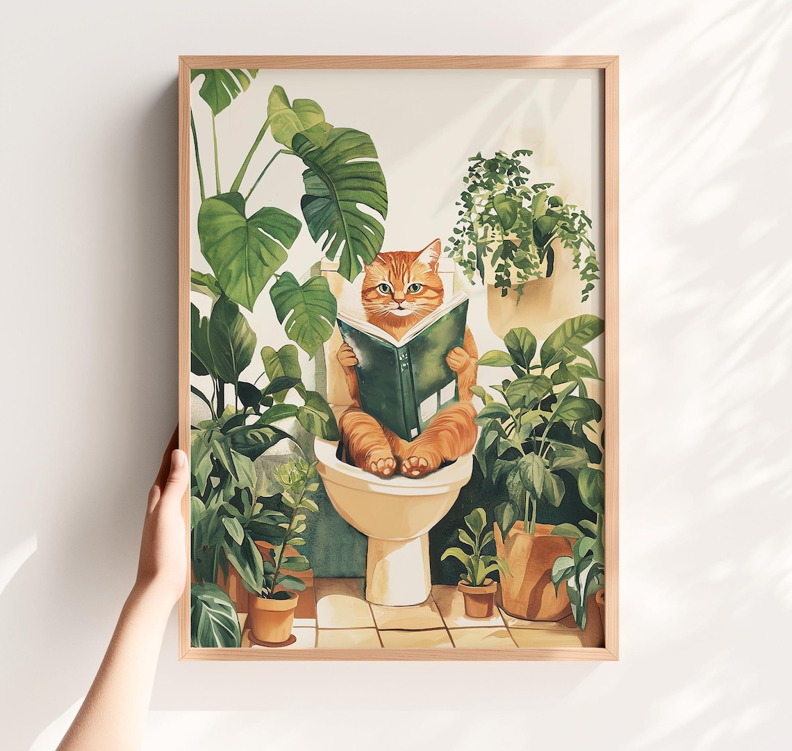 Cat On Toilet Watercolor Funny Bathroom Art Print
