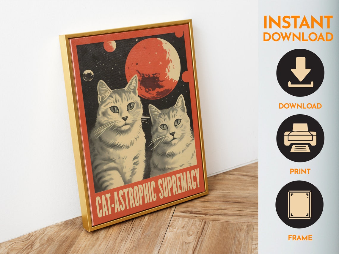 Two Tabby Cats Cat Astrophic Supremacy Retro Space Art Poster - Image 4