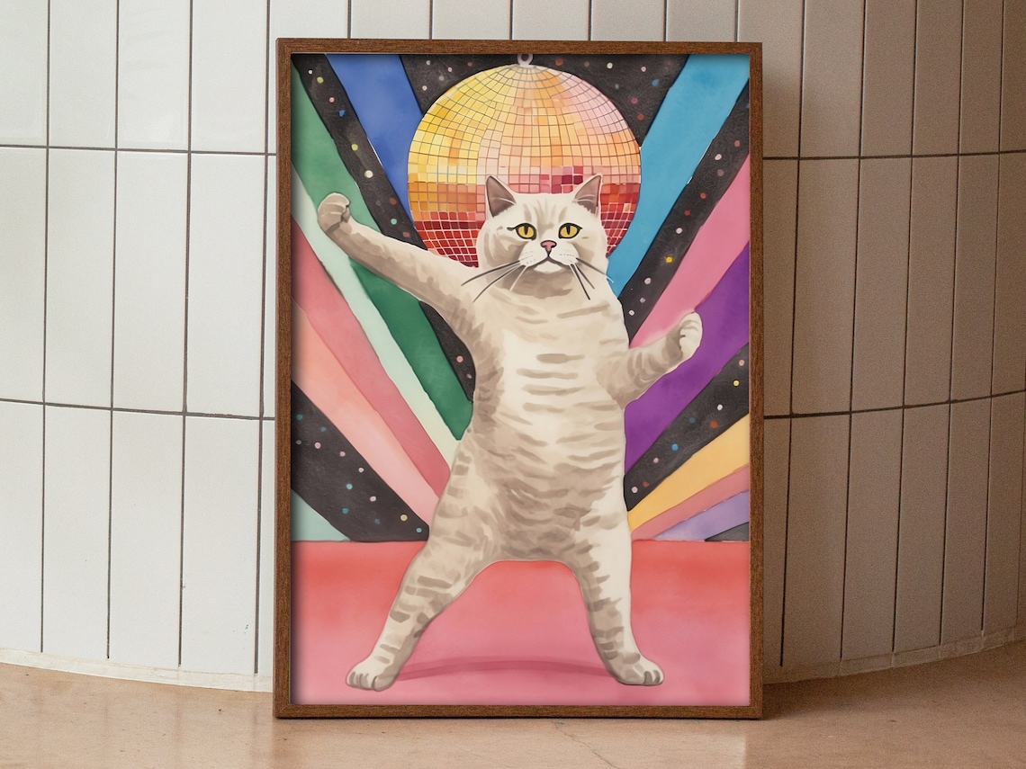 Disco Cat Funny Poster, Trendy Cat Watercolor - Image 2
