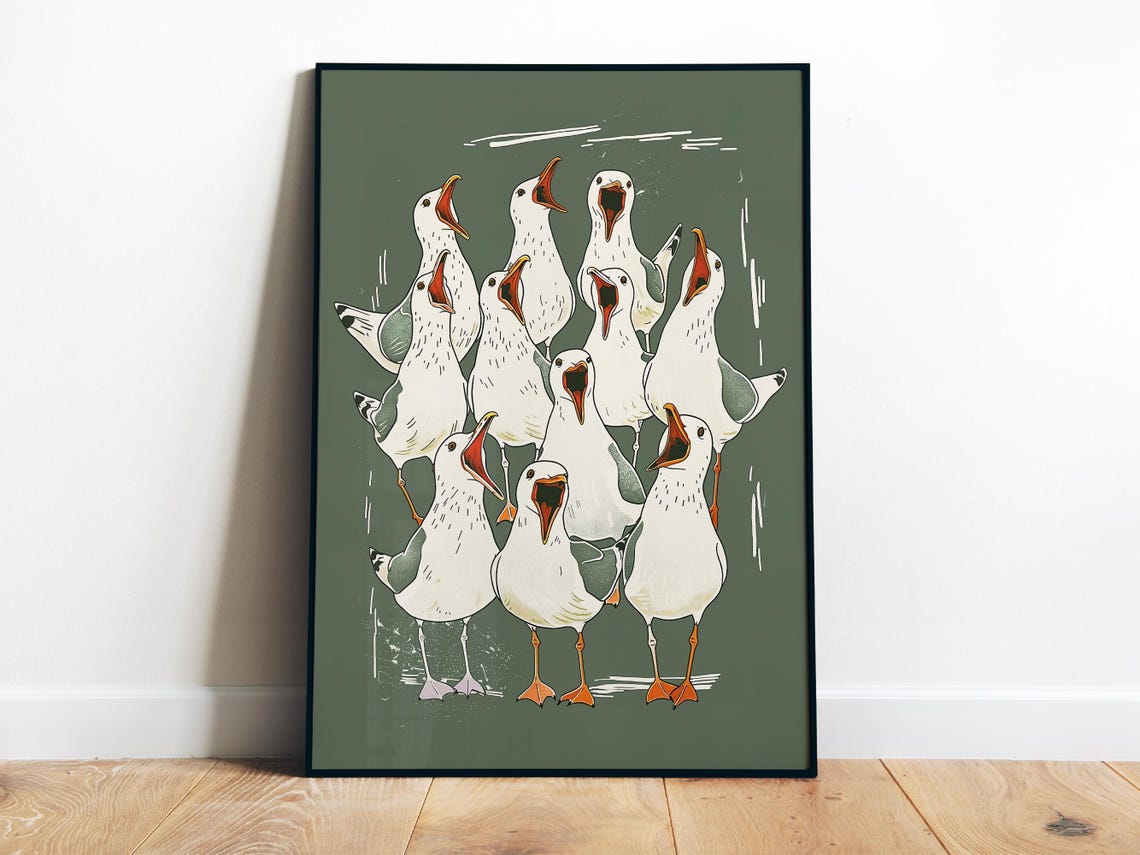Squawking Seagulls Flock Funny Olive Green Bird Comedy Art Poster