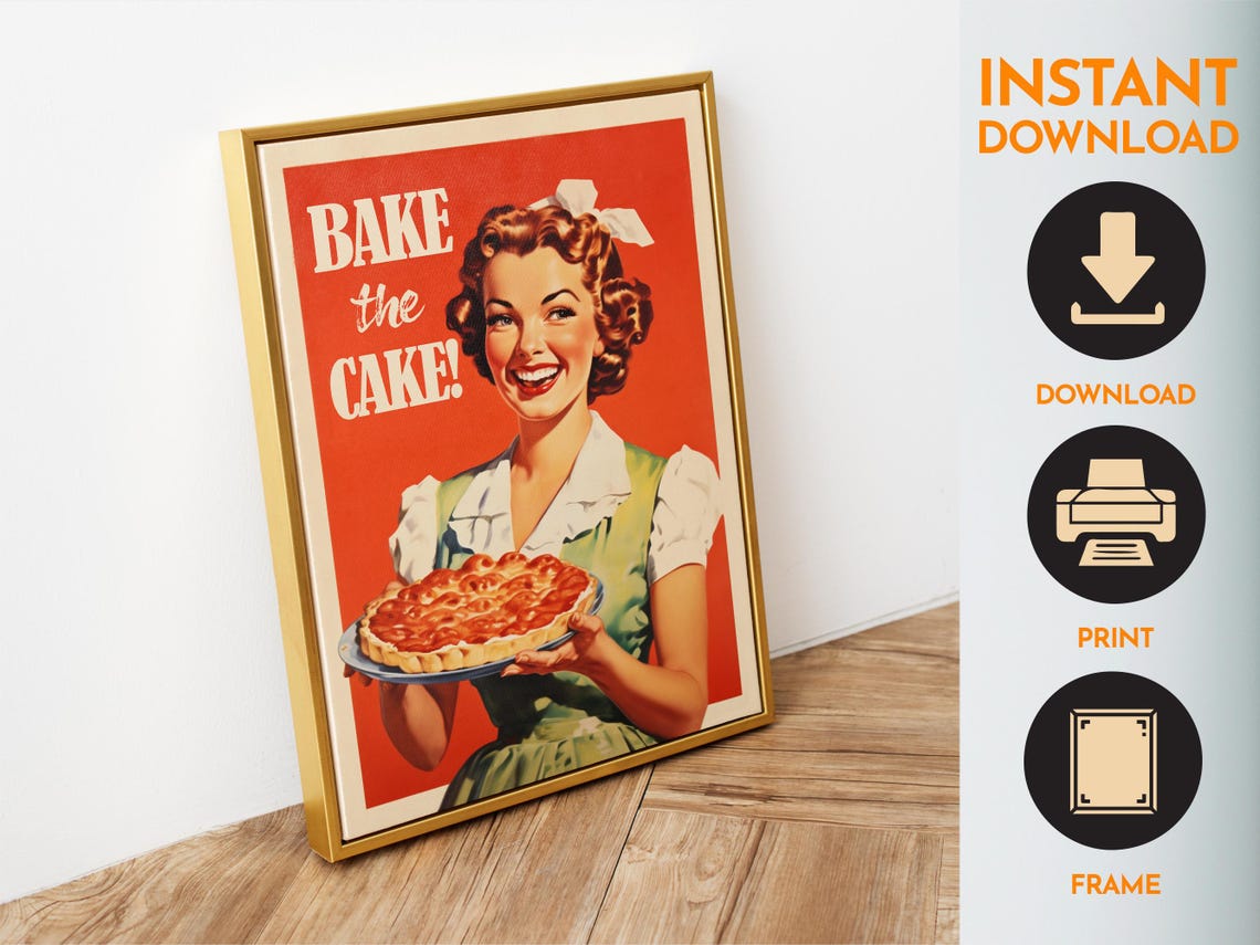 Retro 1950s Bake the Cake Pin Up Housewife Pie Kitchen Poster - Image 6