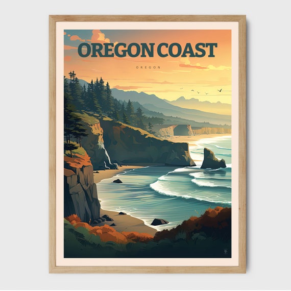 Oregon Coast Retro Travel Poster, Ocean Decor Art Print
