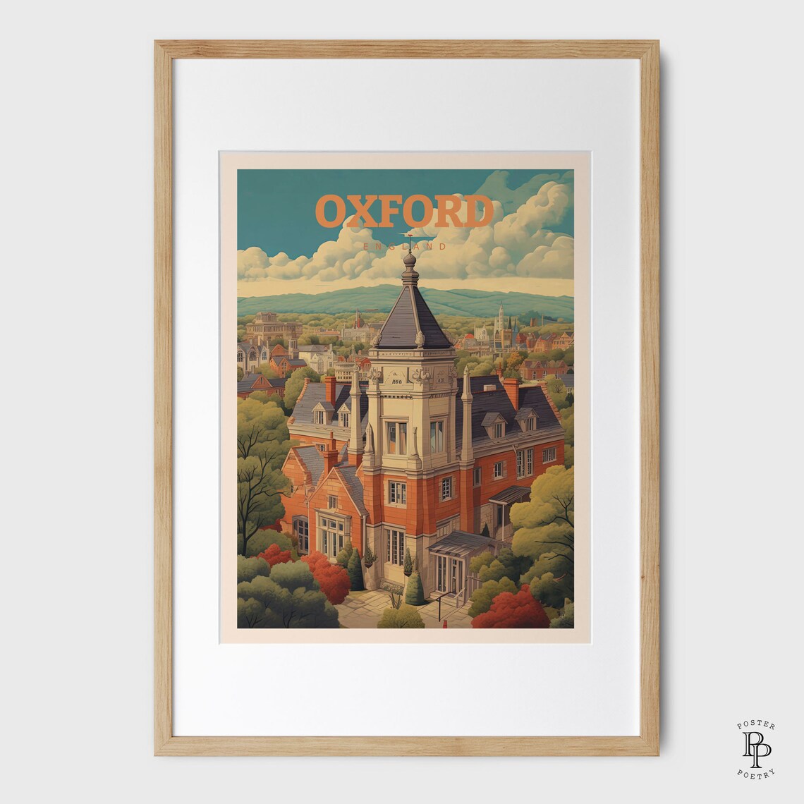 Oxford England Historic College Clock Tower City Skyline Travel Poster - Image 4