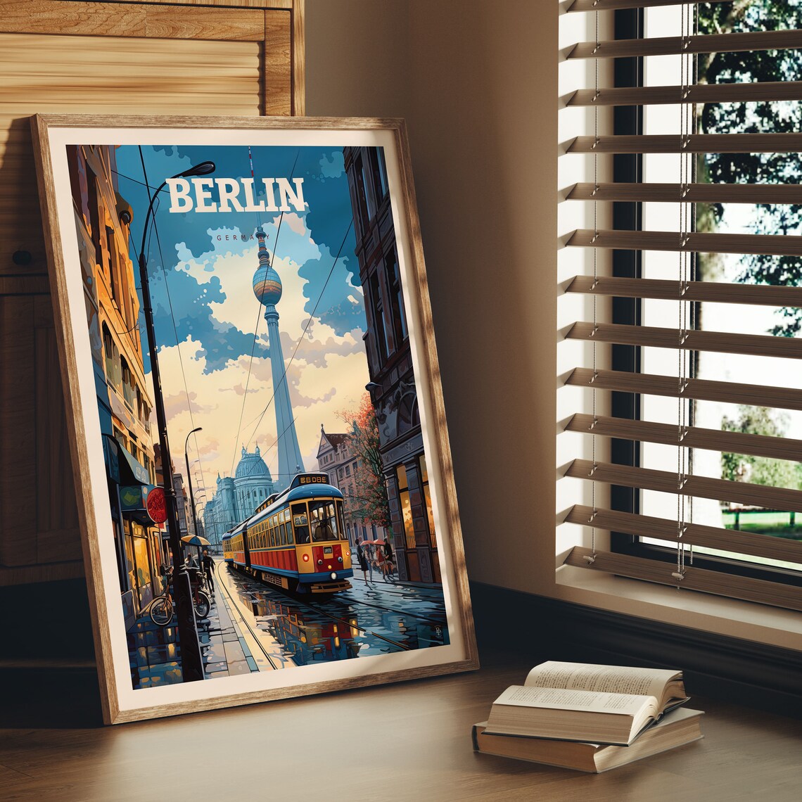 Berlin Germany TV Tower Tram Rainy Street Night Scene Travel Poster - Image 3