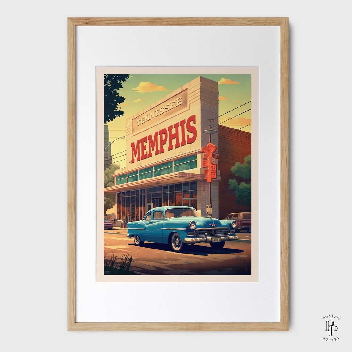 Memphis Tennessee Vintage Classic Car Downtown Storefront Scene Poster - Image 4