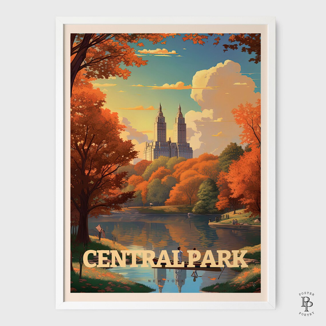 Central Park New York Autumn Lake Rowboat Skyline Fall Travel Poster - Image 2