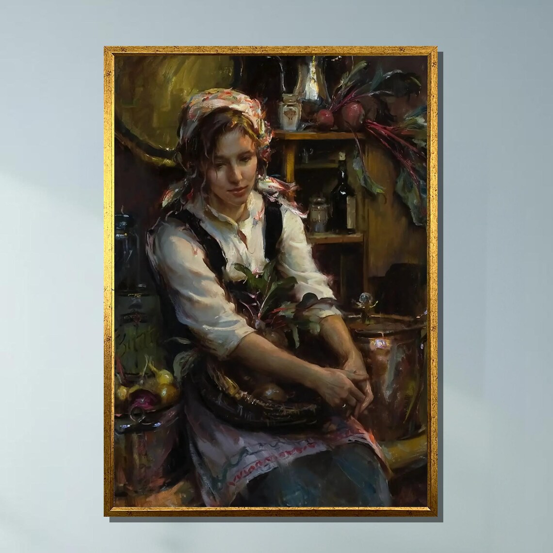 Rustic Kitchen Woman Classic Realism Oil Painting Art Poster