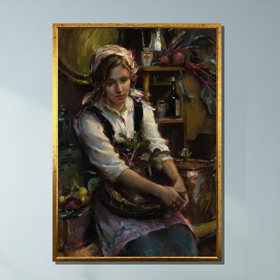 Rustic Kitchen Woman Classic Realism Oil Painting Art Poster