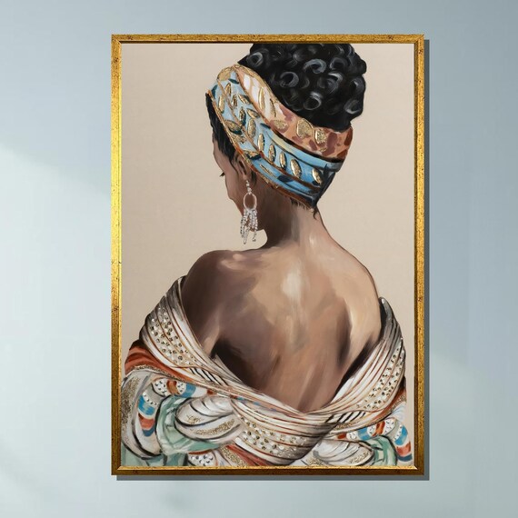 Elegant Woman With Headscarf Canvas Print Back Profile Art Gold Accents Sophisticated Modern Wall For Bedroom Living Room