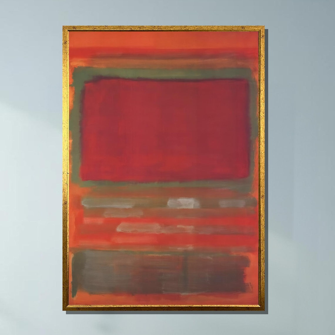 Vintage Abstract Expressionist Canvas Print Mark Rothko Inspired Art With Red And Green Hues On Mid Century Modern Wall