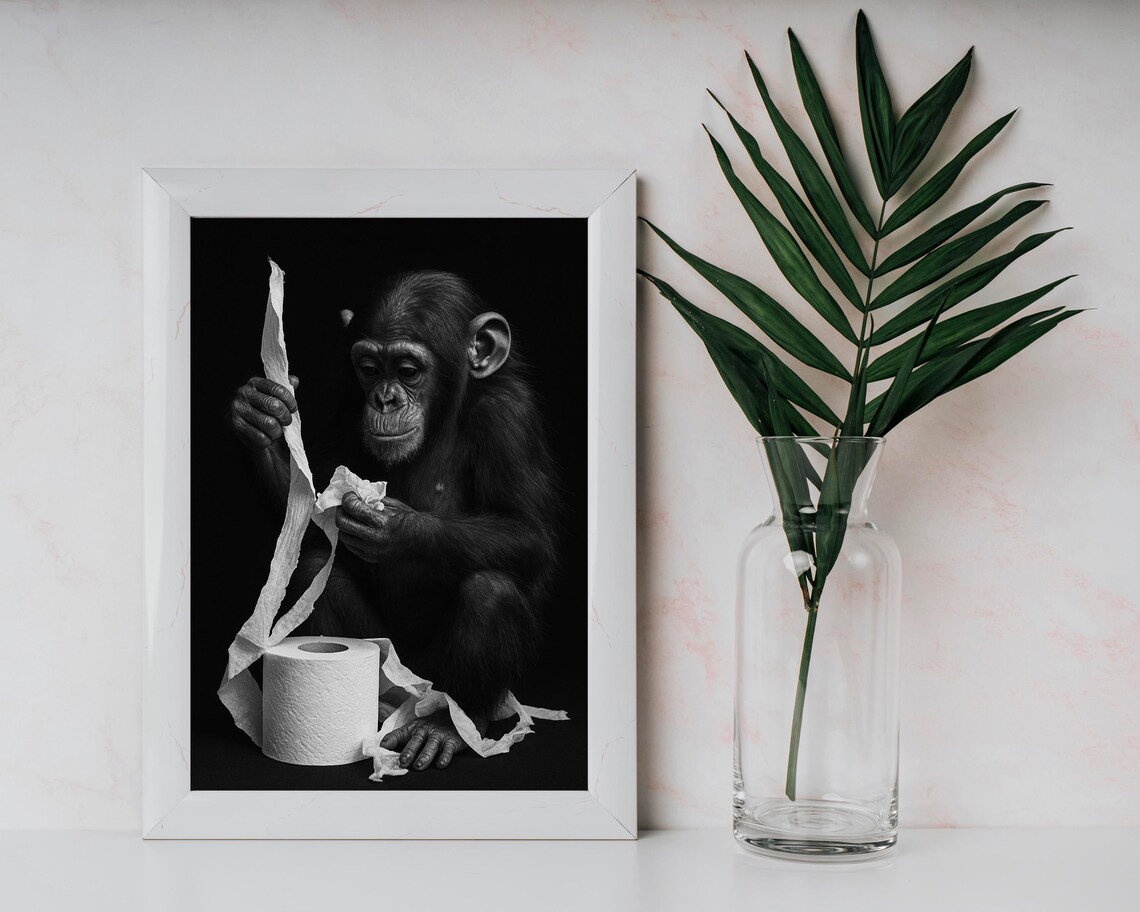 Funny Chimpanzee Bathroom Humor Black and White Toilet Poster