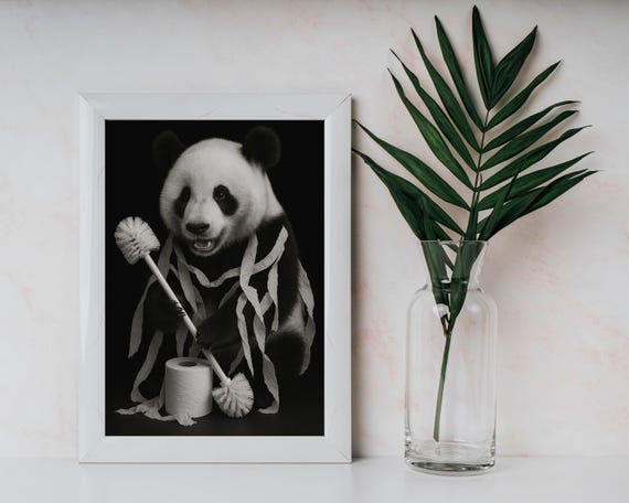 Funny Panda Bathroom Art Print Monochrome Animal Poster