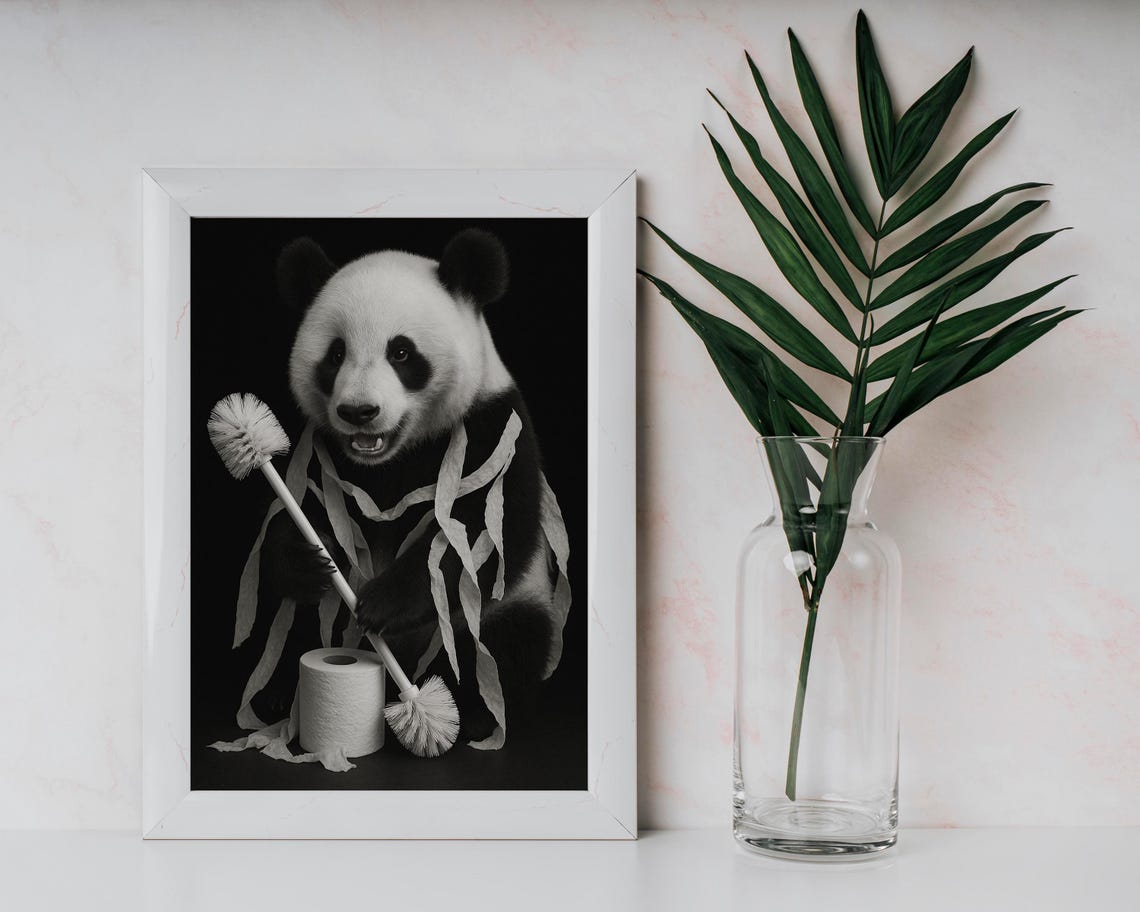 Funny Panda Bathroom Humor Black and White Toilet Paper Poster