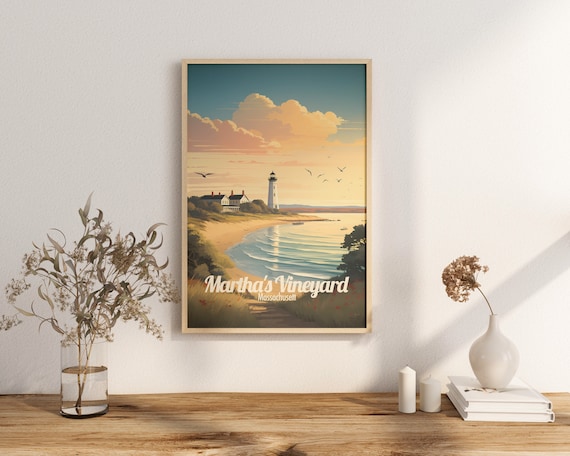 Martha's Vineyard Massachusetts Lighthouse Sunset Beach Travel Art Poster