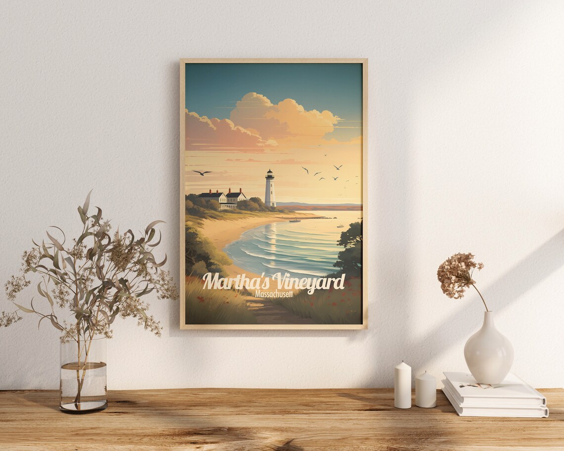 Martha's Vineyard Massachusetts Lighthouse Sunset Beach Travel Art Poster